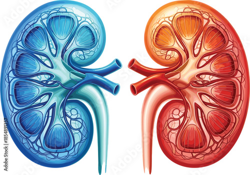 Internal human kidney anatomy cross section diagram illustration in blue and red colors showing renal system for medical education health posters