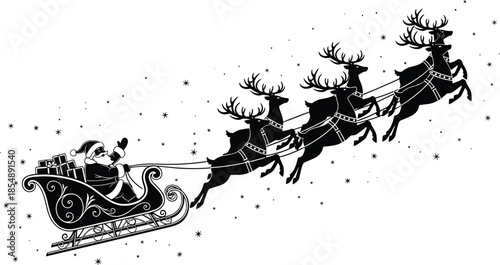 Santa Claus in flying sleigh with reindeer silhouette isolated on white background for Christmas holiday cards festive winter celebration and decorations