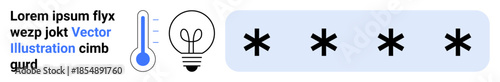 Security, innovation, measurement, technology, data privacy, intellectual property. A thermometer, light bulb and password asterisks. Security and innovation concepts illustrated