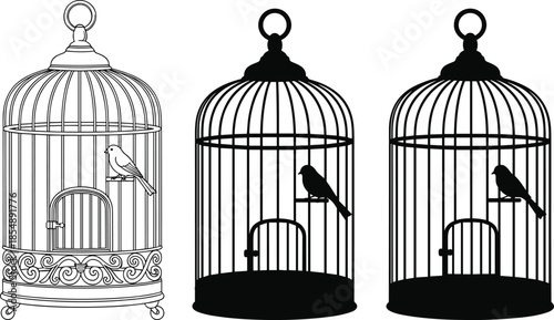 Set of decorative birdcage icons featuring a detailed line art cage and two solid black silhouettes with birds perched inside.