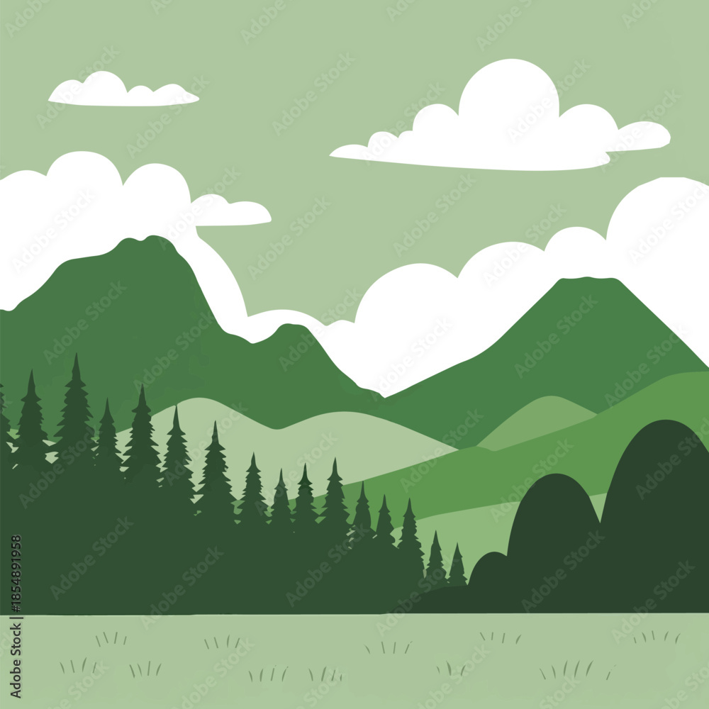 Obraz premium Isolated a Landscape with green silhouettes of mountains, hills and forest and clouds in the sky vector art with white background.