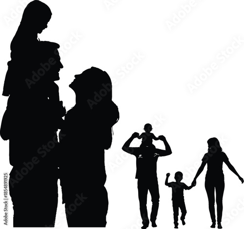 Silhouette of a multi generational family with parents and children in various poses