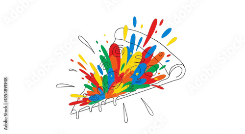 A vibrant pizza slice bursting with an explosion of colorful toppings and artistic flair isolated on transparent background, Vector