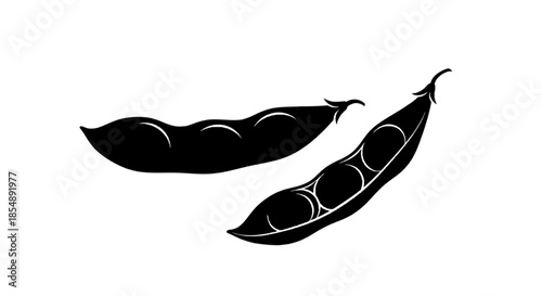 Black silhouette illustration of fresh pea pods, one closed and one open with peas visible isolated on transparent background, Vector
