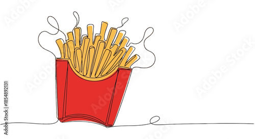 Continuous line art drawing of a delicious portion of golden french fries in a red paper box isolated on transparent background, Vector