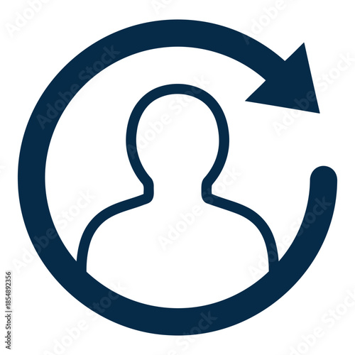 A dark blue icon of a person in a circular arrow on