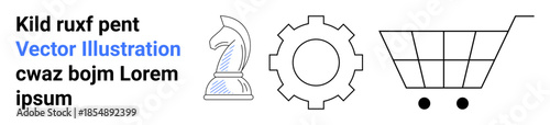 Strategy, automation, commerce, innovation, business, process optimization. Chess knight, gear cogwheel and shopping cart icons on a clean layout. Strategy and automation concepts