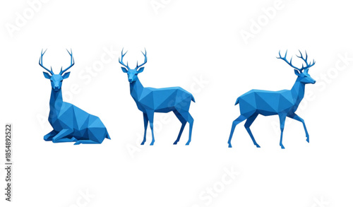 Minimalist low poly deer vector set with blue geometric wildlife figures isolated on white background