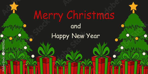 Christmas vector Frame. Hand drawn Christmas tree and red gift box Frame with empty space for text. Editable stroke EPS10