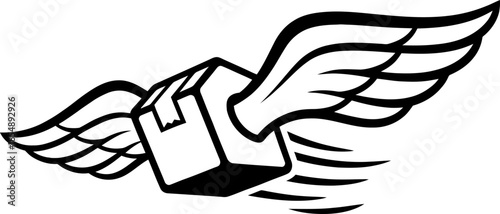 Flying package with wings, quick delivery service concept, fast shipping. Black and white monochrome vector illustration graphic design element for icon or logo