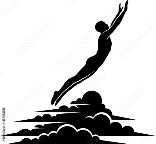 Man jumping upward from cloud. Freedom, aspiration, and success concept. Black and white vector illustration for business, logo, emblem design