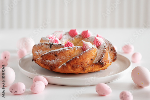 Traditional Easter cakes with icing decorated candies on white wooden table
