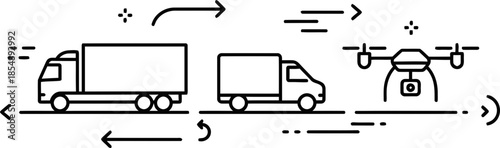 Delivery process icon with cargo trucks and drone. Modern logistic transportation technology concept. Vector line illustration for infographic, website