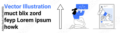 Technology, software development, coding, online communication, mobile apps, marketing. Woman holding coding symbol, smartphone with megaphone image. Coding and online communication concept