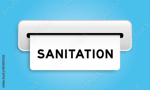 White coupon banner with word sanitation from machine on blue color background