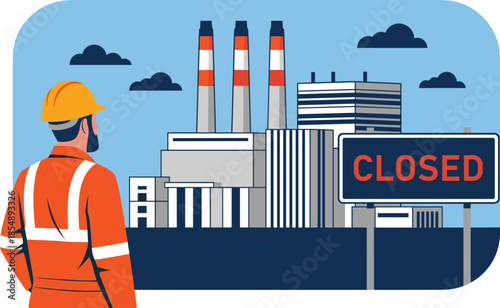 Factory closed, industrial shutdown, smokestacks, worker in uniform, hard hat, economic impact, vector art, flat design, cad drawing flat vector illustration
