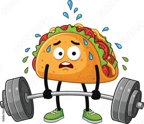 Funny taco character, cartoon food lifting weights, sweating taco, gym humor, anthropomorphic snack, fitness concept, vector illustration, healthy lifestyle