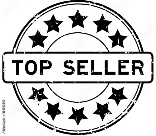 Grunge black top seller word with star icon round rubber seal stamp on white background
