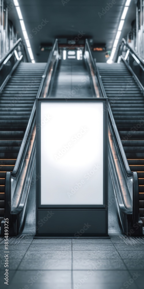 Fototapeta premium Blank vertical billboard mockup at subway escalator station