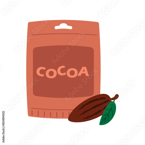 A pack of cocoa powder. Vector illustration of cocoa beans in paper packaging.