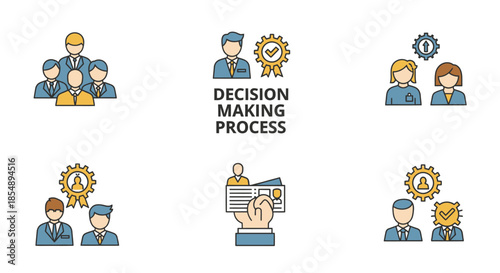 Vector icons depicting business concepts like team management, decision making, and human resources.
