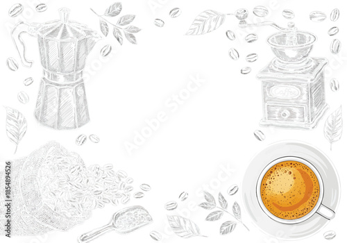 Chalkboard Coffee Art Background featuring Moka Pot, Vintage Grinder, and Roasted Beans in Burlap Sack