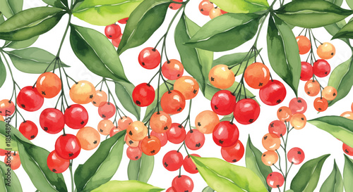 Watercolor Coffee Cherry Seamless Pattern with Ripe Red Berries and Vibrant Green Leaves