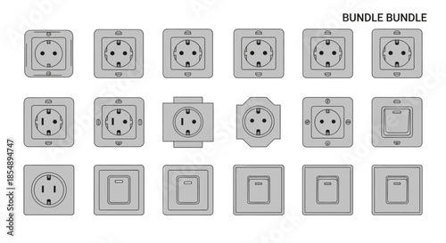 A collection of various electrical power outlets and light switches in a grey icon style.