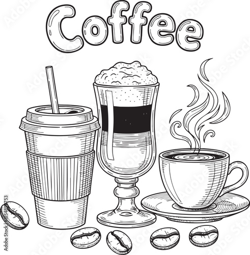Hand-Drawn Coffee Drinks Illustration: Takeaway Cup, Iced Latte, and Steaming Espresso Line Art