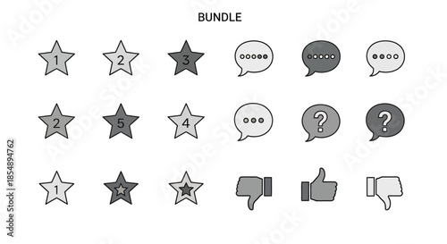 Bundle of rating and feedback icons including stars, speech bubbles, and thumbs up/down for user reviews and communication.