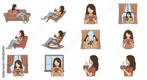 Illustrations of a woman relaxing at home, enjoying a warm drink in various comfortable settings like a sofa, chair, and by the window, depicting leisure.