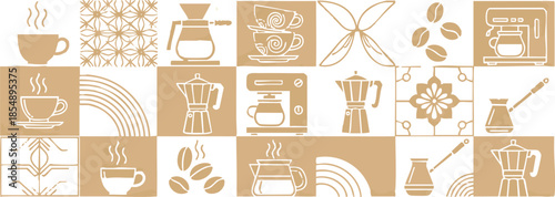 Modern Coffee Brewing Method Icon Grid and Cafe Pattern Set