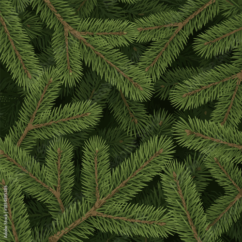 Isolated a Realistic Christmas tree branches background. Detailed Christmas tree branches background. Green needles on branches. Vector tree leaf.