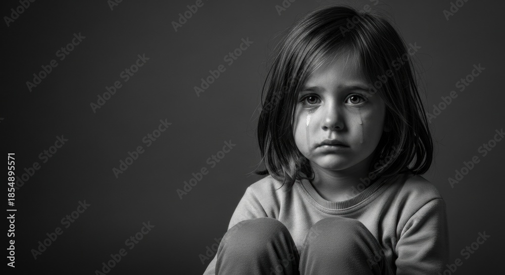 Naklejka premium Emotional Monochrome Portrait of a Crying Child Showing the Human Impact of Poverty and Social Hardship