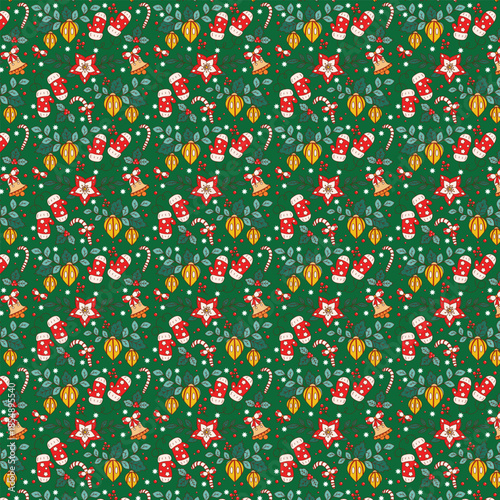 Festive Christmas Pattern With Mittens, Candy Cane, Ornaments, On Green Background