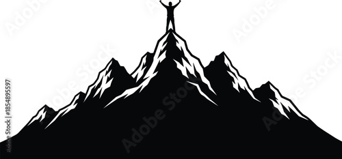Mountain peak silhouette with person celebrating victory, achievement concept, success on summit, adventure and motivation illustration, outdoor inspiration graphic