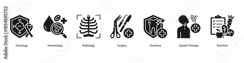 Clinical Treatment and Diagnosis web banner illustration featuring Oncology, Hematology, Radiology, Surgery, Dentistry, Speech Therapy, and Nutrition.