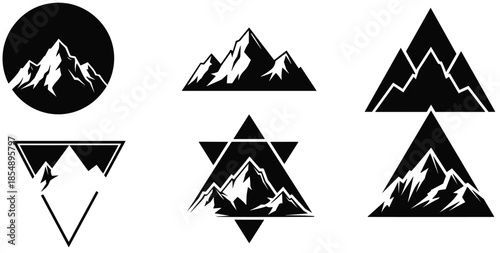 Mountain silhouette icons, geometric peak vector set, outdoor adventure emblem designs, alpine logo artwork collection, nature landscape graphic elements
