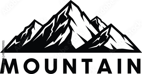 Mountain silhouette logo, sharp peaks, black and white design, outdoor adventure, rugged nature, bold graphic, vector emblem, alpine branding