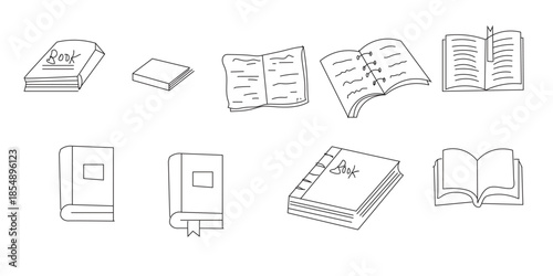 A collection of various book and notebook illustrations in different states