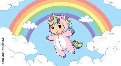 A happy baby wearing a pink unicorn costume with a colorful mane and horn is flying through a bright blue sky with a rainbow.