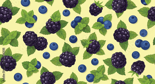 A fresh and juicy seamless pattern featuring ripe blackberries, blueberries, and green mint leaves on a light yellow background.