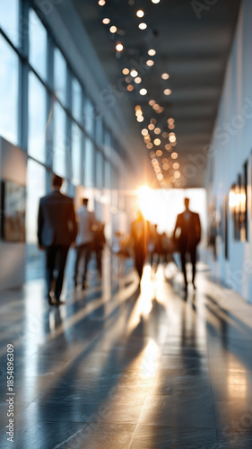 Silhouettes of people walking in the hallway, with light shining through the windows and reflecting on the tile floor in bright sunlight.