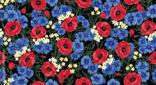 A rich and vibrant seamless floral pattern featuring red poppies, blue cornflowers, and small daisies on a dark black background.