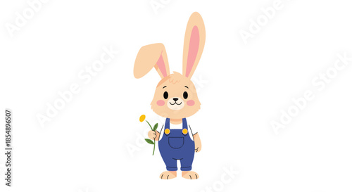 Sweet baby rabbit character wearing cute blue overalls and holding a single yellow flower, isolated on a clean white background.