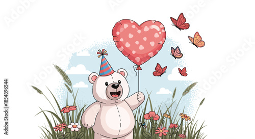 Charming teddy bear wearing a party hat holds a heart-shaped balloon while standing in a meadow with flowers and butterflies.