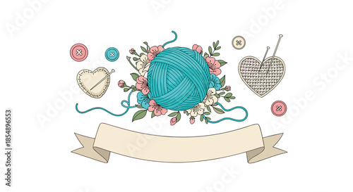 Charming craft and needlework illustration with a floral ball of yarn, heart pincushions, buttons, and a blank ribbon banner.