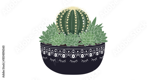 Stylish composition of green cactus and succulent plants arranged in a decorative dark pot with a mystical eye pattern design.