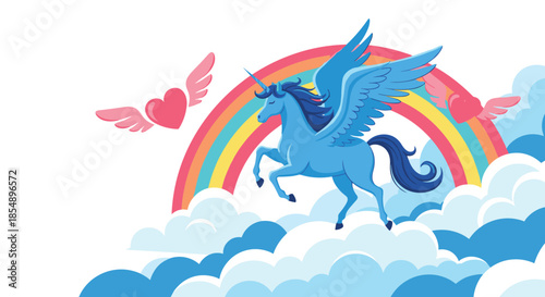 Majestic blue winged unicorn or pegasus rears up on fluffy clouds under a vibrant rainbow with flying hearts in the sky.