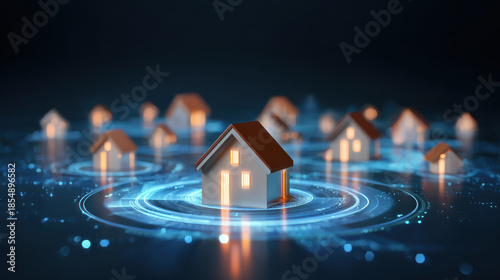 Glowing real estate market diagram digital house network, property connection, illuminated smart home, neighborhood data visualization, blue tech ring